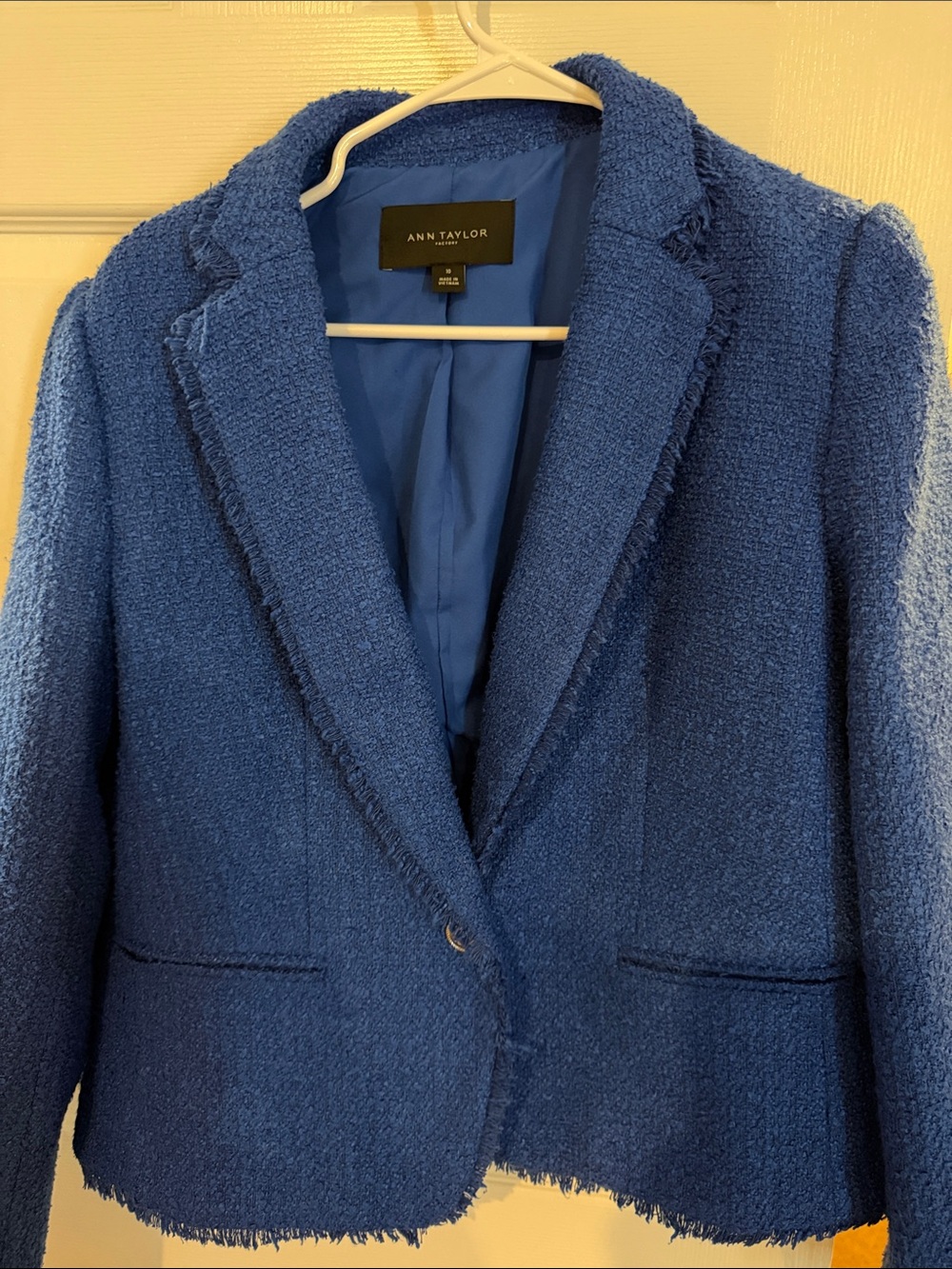 Ann Taylor Factory Royal Blue Bouclé Frayed-Edge Blazer